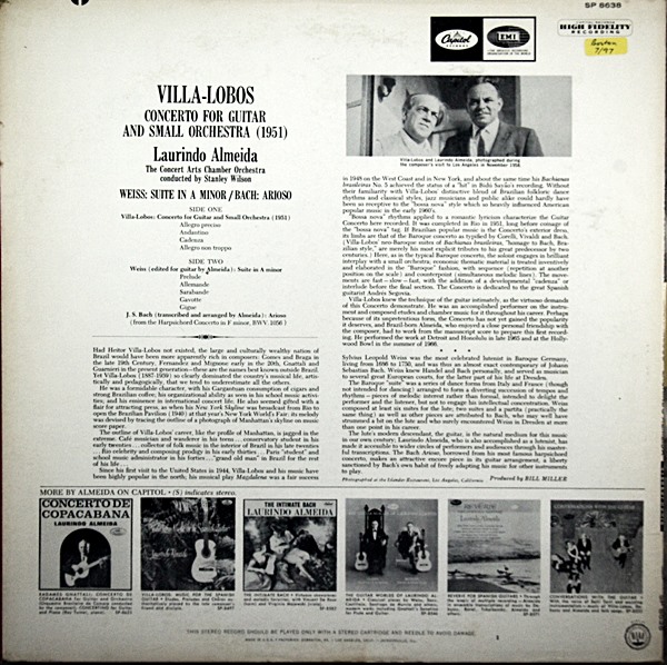 LAURINDO ALMEIDA LP : VILLA-LOBOS CONCERTO FOR GUITAR WEIIS BACH CAPITOL