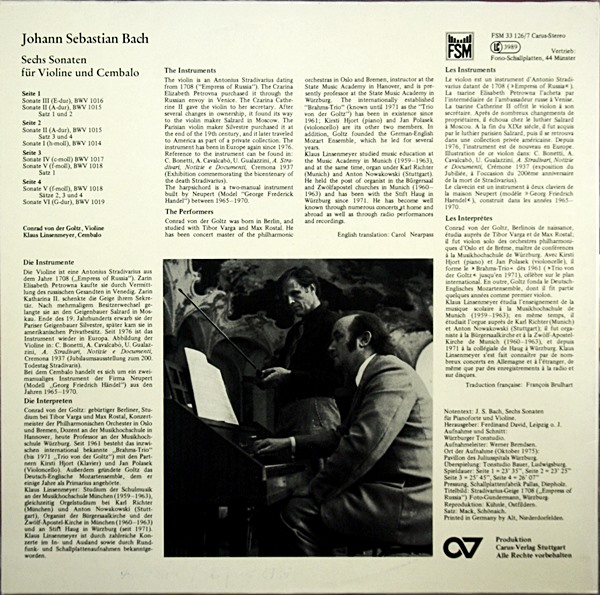 BACH - 6 SONATAS FOR VIOLIN, CARUS 2 LP,