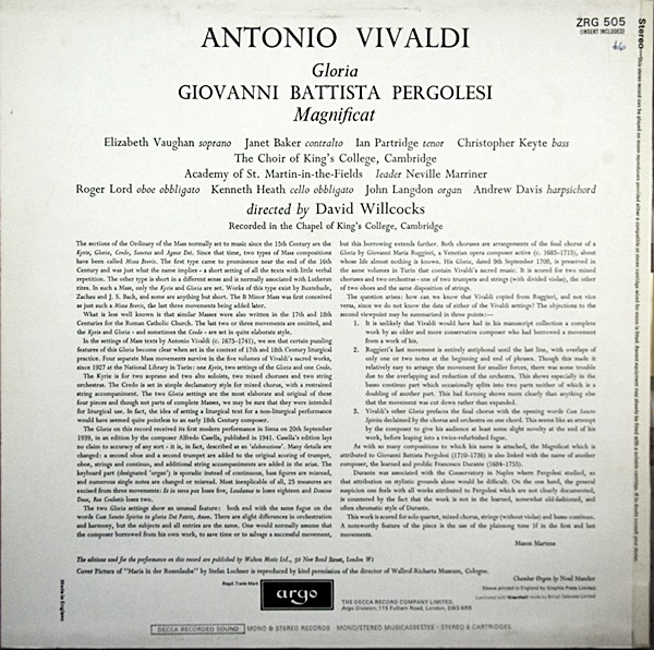 VIVALDI GLORIA PERGOLESI MAGNIFICAT KING'S CHOIR ASMF MARRINER DUTCHZRG 505