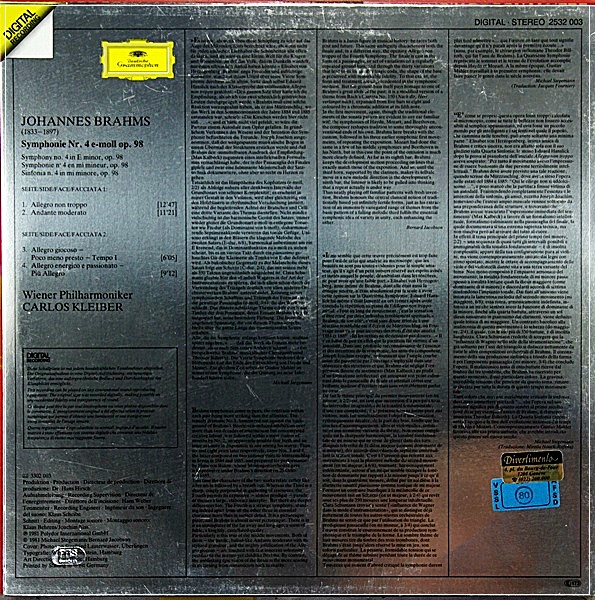BRAHMS SYMPHONY 4 CARLOS KLEIBER 1981 DG DIG. 2532 003