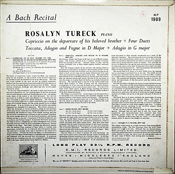 MUSIC BY J. S. BACH - ROSALYN TURECK  ALP 1909