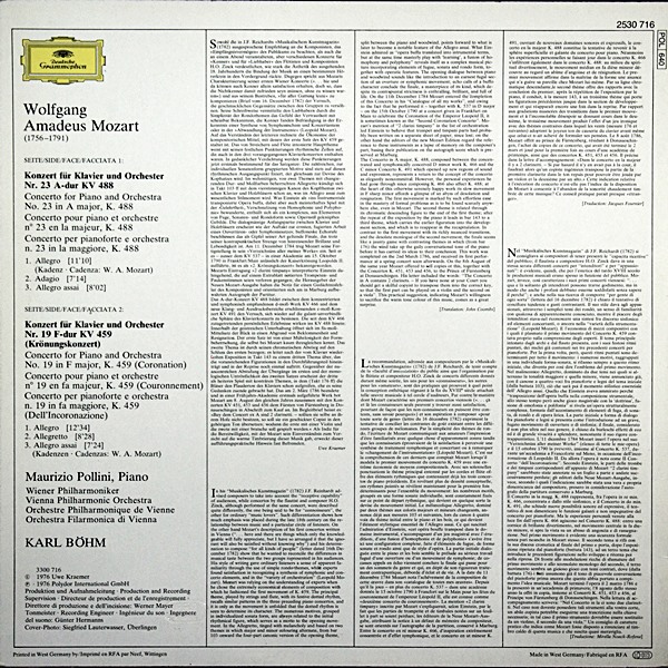 MOZART PIANO CONCERTOSPOLLINI BOHMDG 2530 716