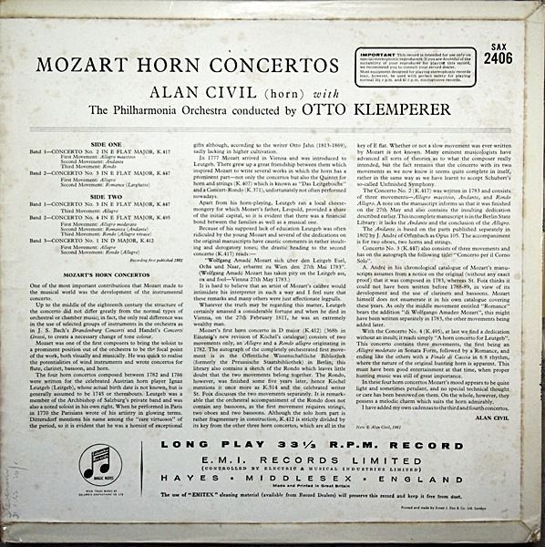 MOZART HONRN CONCERTOS -KLEMPERER ALAN CIVIL SAX 2406