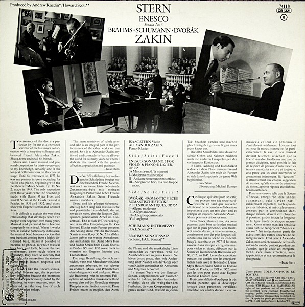 ENESCO SONATA NO. 3 - ISAAC STERN & ALEXANDER ZAKIN LP 33T CBS