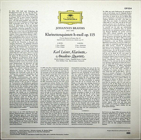 BRAHMS CLARINET QUINTET (KARL LEISTER, AMADEUS QUARTET) DG 139 354