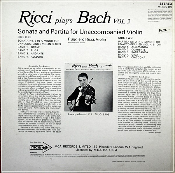 BACH SONATA & PARTITA – RICCI VOL2 MCA MUCS  119
