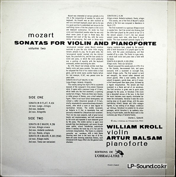MOZART SONATAS FOR VIOLIN AND PIANO/KROLL/BALSAM VOL.2