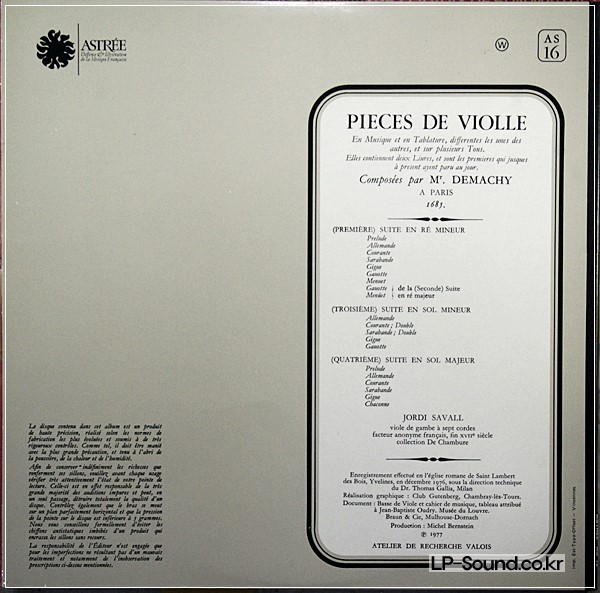 ASTREE AS 16 SAVALL - DEMACHY PIECES DE VIOLE