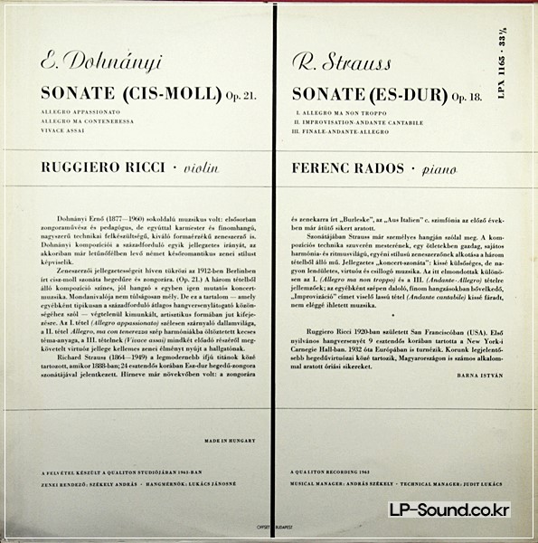 RUGGIERO RICCI/FERENC RADOS DOHNANYI/STRAUSS SONATAS LP QUALITON LPX 1165