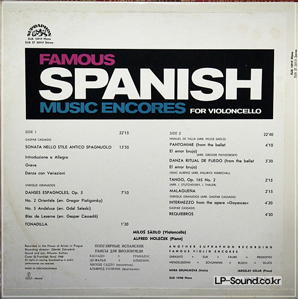 FAMOUS SPANISH MUSIC ENCORES FOR VIOLONCELLO - SUPRAPHON