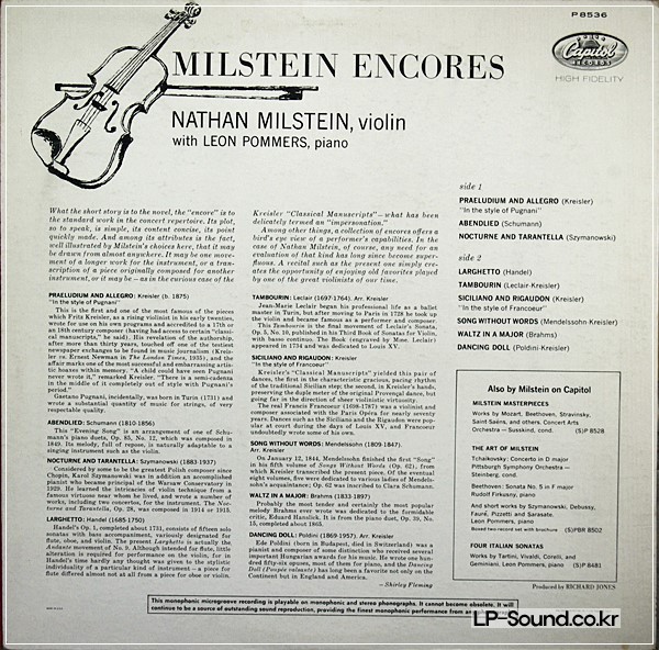 NATHAN MILSTEIN:ENCORES:RECITAL:CAPITOL SP 8536:ORIG SIDE LOGO