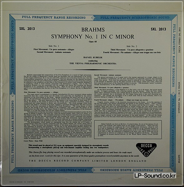 BRAHMS SYMPH NO.1 KUBELIK DECCA SXL 2013 B/B