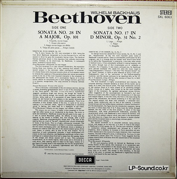 BEETHOVEN SONATAS / NO.28 17 BACKHAUS –SXL 6063