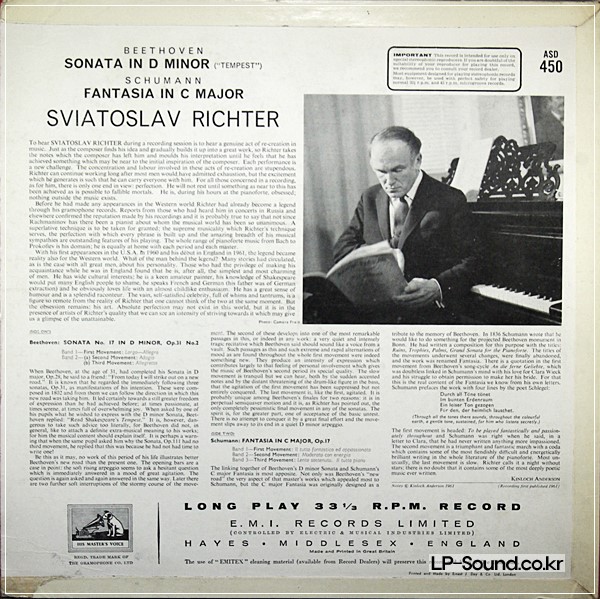 BEETHOVEN SONATA NO. 17 SCHUMANN FANTASIA LP HMV ASD 450