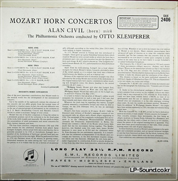 MOZART HONRN CONCERTOS -KLEMPERER ALAN CIVIL SAX 2406