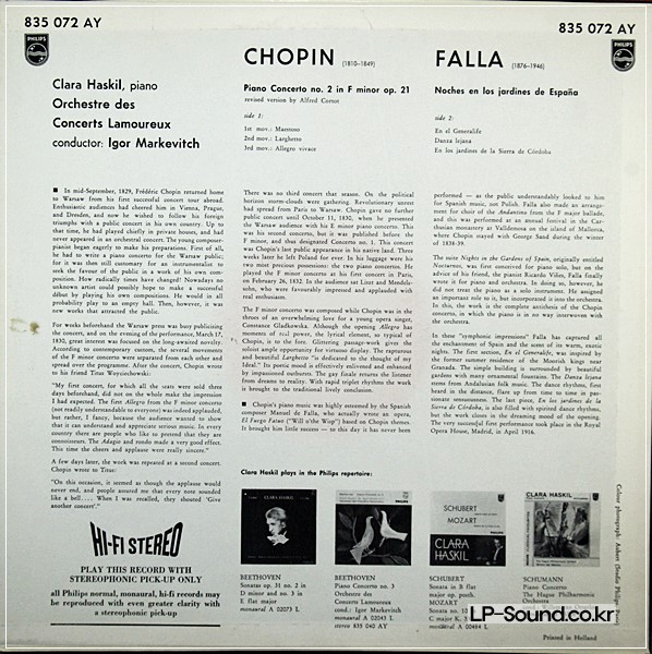 CHOPIN PIANO CONCERTO HASKIL MARKEVITCH PHILIPS LP 835072AY HIFI STEREO