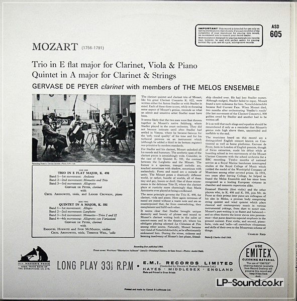 MOZART CLARINET TRIO QUINTET MELOS ENSEMBLE DE PEYER ASD 605