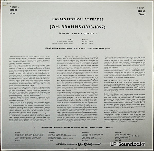 BRAHMS ( PABLO CASALS - MYRA HESS - ISAAC STERN) KLAVIERTRIO H-DUR OP. 8
