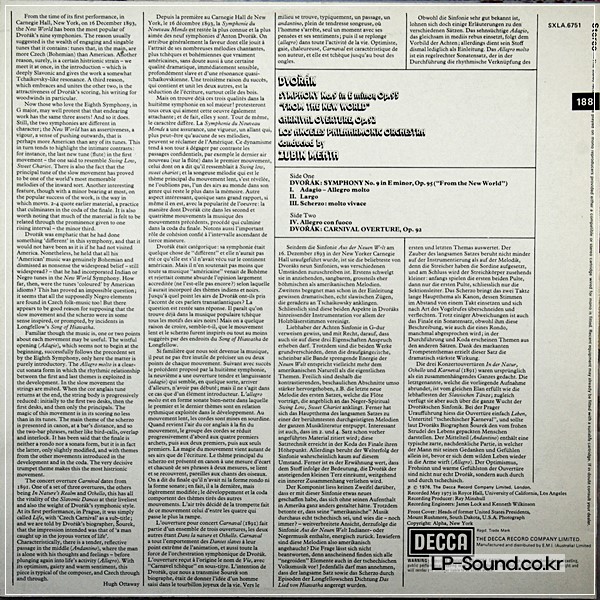 DVORAK NEW WORLD SYMPHONY NO. 9 ZUBIN MEHTA  SXL 6751