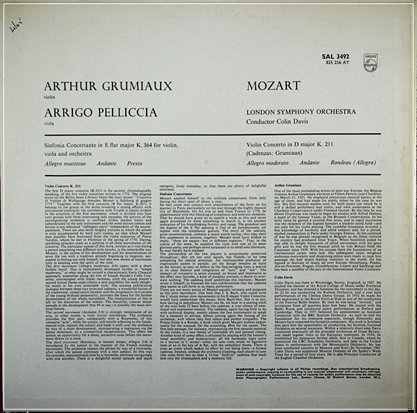 MOZART: VIOLIN CONCERTO - ARTHUR GRUMIAUX **PHILIPS HI-FI STEREO SAL 3492 ED1