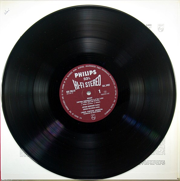 MOZART: VIOLIN CONCERTO - ARTHUR GRUMIAUX **PHILIPS HI-FI STEREO SAL 3492 ED1