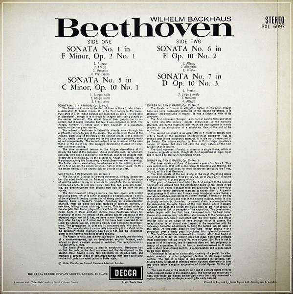 WILHELM BACKHAUS BEETHOVEN PIANO SONATAS 1,5,6 & 7 DECCA SXL 6097 ED1