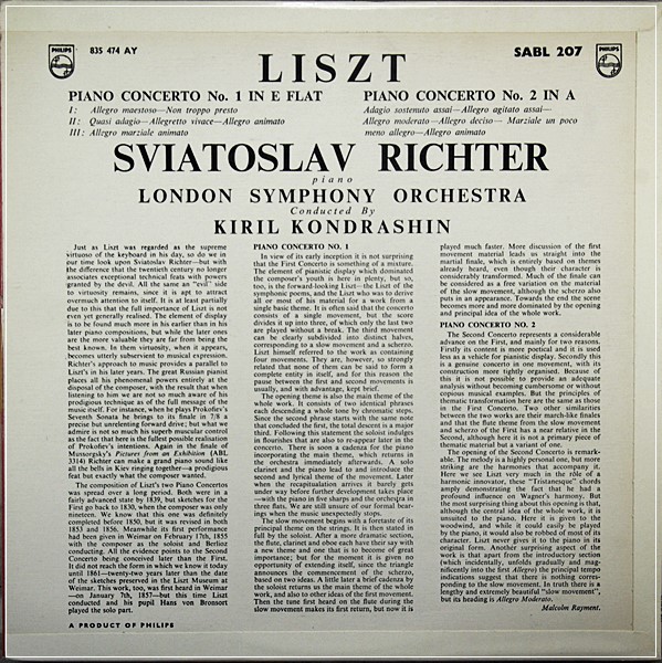 LISZT PIANO CONCTS 1& 2 RICHTER KONDRASHIN PHILIPS HI-FI STEREO SABL 207