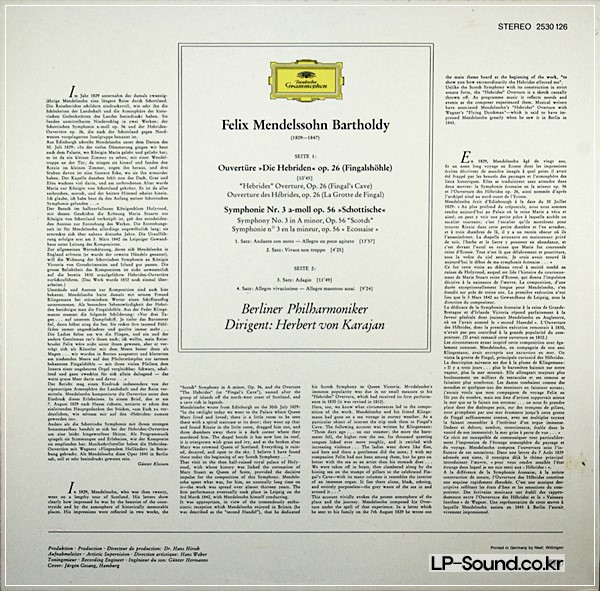 MENDELSSOHN BARTHOLDY IMPORT ALBUM KARAJAN DEUTCHE GRAMMOPHON #2530 126