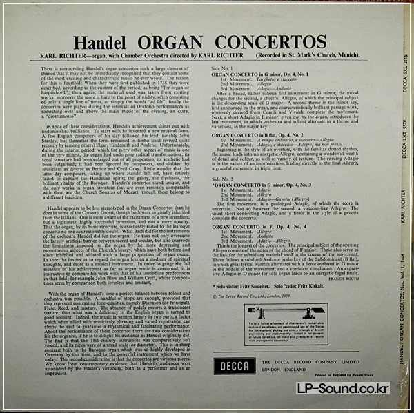 HANDEL - ORGAN CONCERTOS VOL.1 SXL 2115