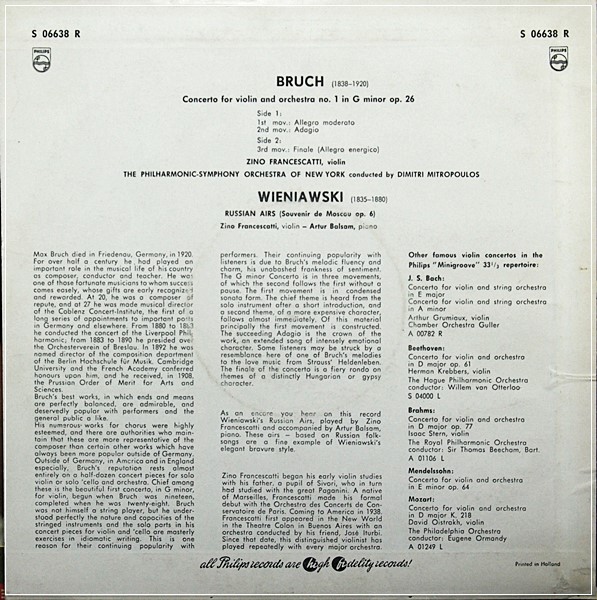ZINO FRANCESCATTI VIOLIN CONCERTO BRUCH WIENIAWSKI PHILIPS MINIGROOVE