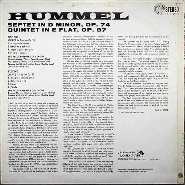 HUMMEL: SEPTET MELOS ENSEMBLE ORIG SOL 290 UK-6667’ L’OISEAU LYRE