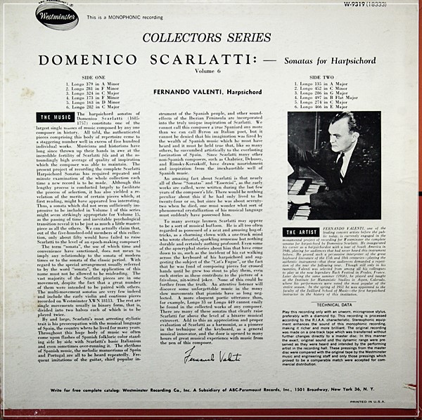 DOMENICO SCARLATTI SONATAS FOR HARPSICHORD VOL 6 FERNANDO VALENTI WESTMINSTER