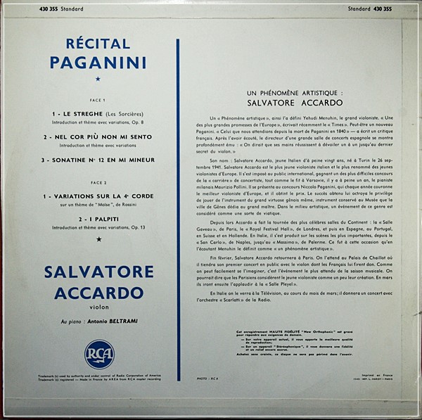SALVATORE ACCARDO RECITAL ? PAGANINI VARIATION, SONATINE  RCA 430.355