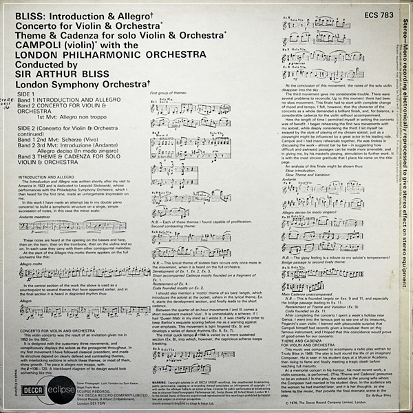 CAMPOLI BLISS VIOLIN CONCERTO SIR ARTHUR BLISS DECCA ECS 783