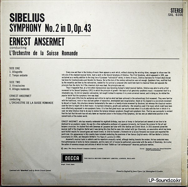 SIBELIUS NO.2 ERNEST ANSERMET SXL 6100