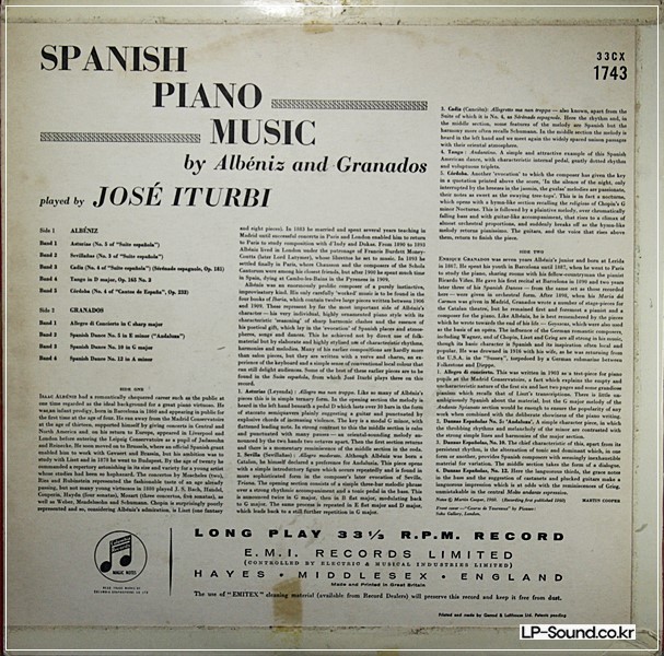 ALBENIZ GRANADOS SPANISH PIANO MUSIC JOSE ITURBI   33CX 1743