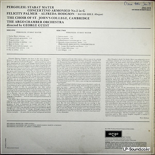 PERGOLESI STABAT MATER GUEST PALMER HODGSON ZRG-913