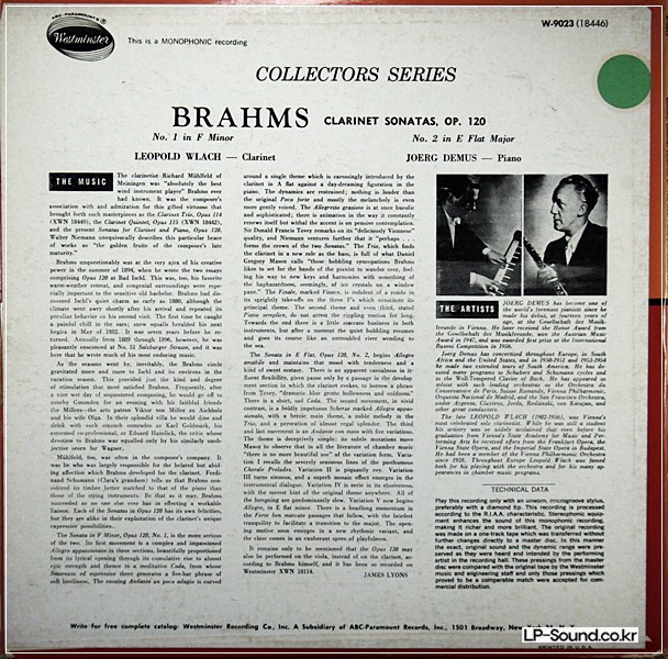 BRAHMS CLARINET SONATASLEOPOLD WLACH/JORG DEMUS  WESTMINSTER W-9023