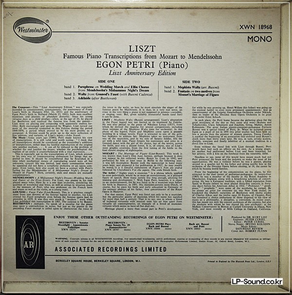 WESTMINSTER LP XWN 18968: LISZT - FAMOUS PIANO TRANSCRIPTIONS / EGON PETRI