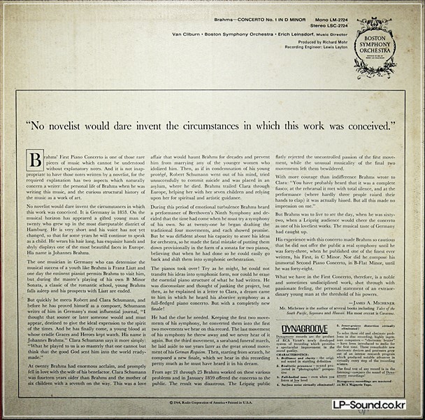 BRAHMS CONCERTO #1 LEINSDORF VAN CLIBURNRCA LSC-2724