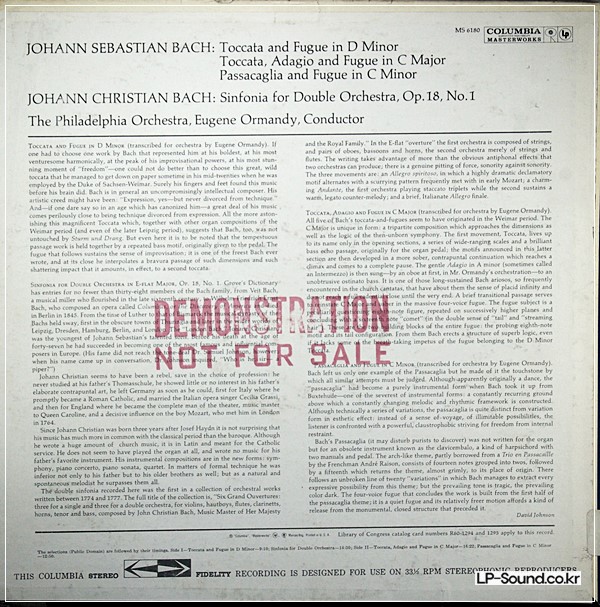 BACH BY ORMANDY *PHILI ORMANDY* PROMO COLUMBIA STEREO MS 6180