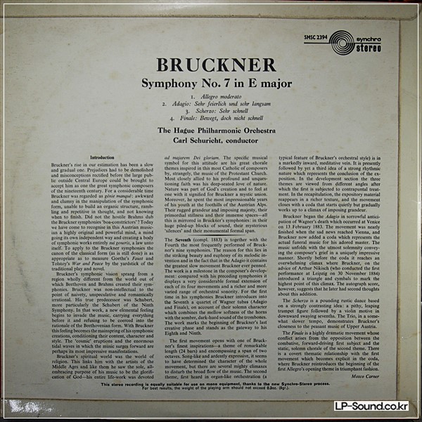 BRUCKNER - SYMPHONY NO 7 SCHURICHT HAGUE PHIL ORCH   SMSC 2394