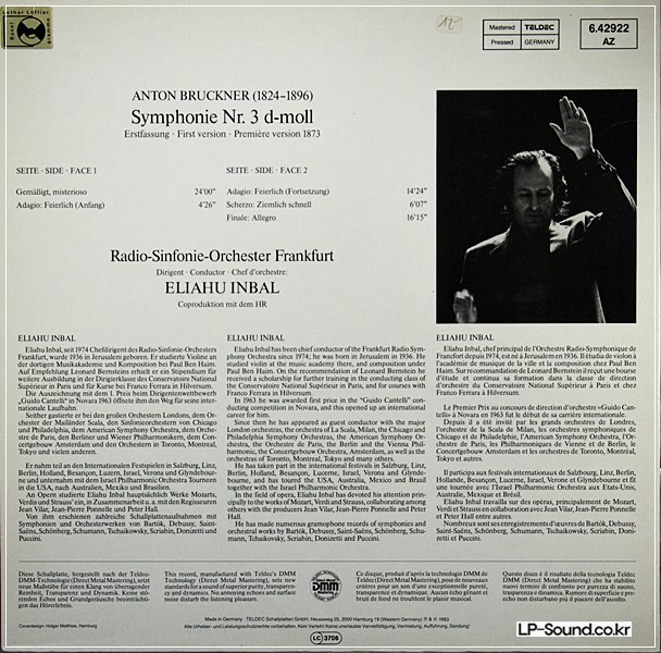 BRUCKNER SYMPHONIE NR.3 INBAL 1983 DMM  TELDEC 6.42922 ED 1 GERMANY