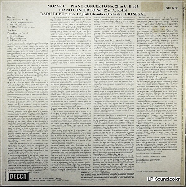 MOZART PIANO CONCERTOS NOS.12 & 21 RADU LUPU  SXL 6698