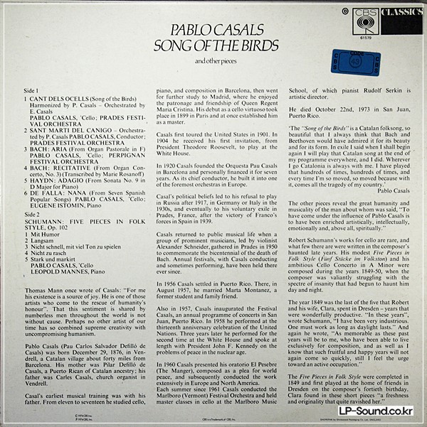 PABLO CASALS SONG OF THE BIRDS CELLO  CBS M 61579