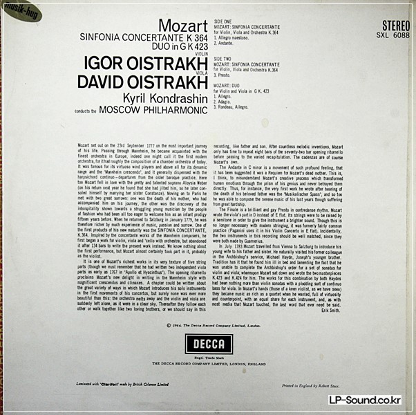 MOZART SINFONIA CONCERTANTE /DUO*DAVID /IGOR OISTRAKH SXL 6088
