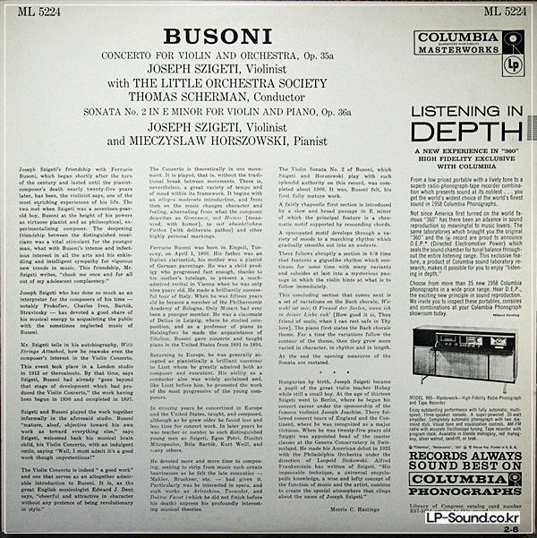 JOSEPH SZIGETI BUSONI VIOLIN LP MINT- ML 5224 MONO CBS USA 1957 RARE
