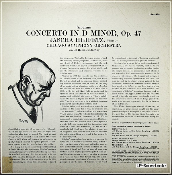SIBELIUS CONCERTO HEIFETZ / WALTER HENDEL LIVING STREO /SD/ LSC 2435