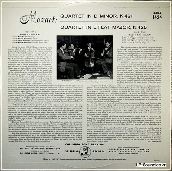 MOZART - STRING QUARTETS 15 & 16 LP, SMETANA QUARTET, COLUMBIA 33CX 1424