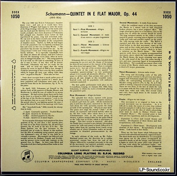 SCHUMANN: QUINTET  BUDAPEST STRING QUARTET ORIG 33CX 1050